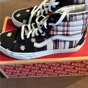 Vans High-Top Sneakers - Black, White, Pink Plaid Floral